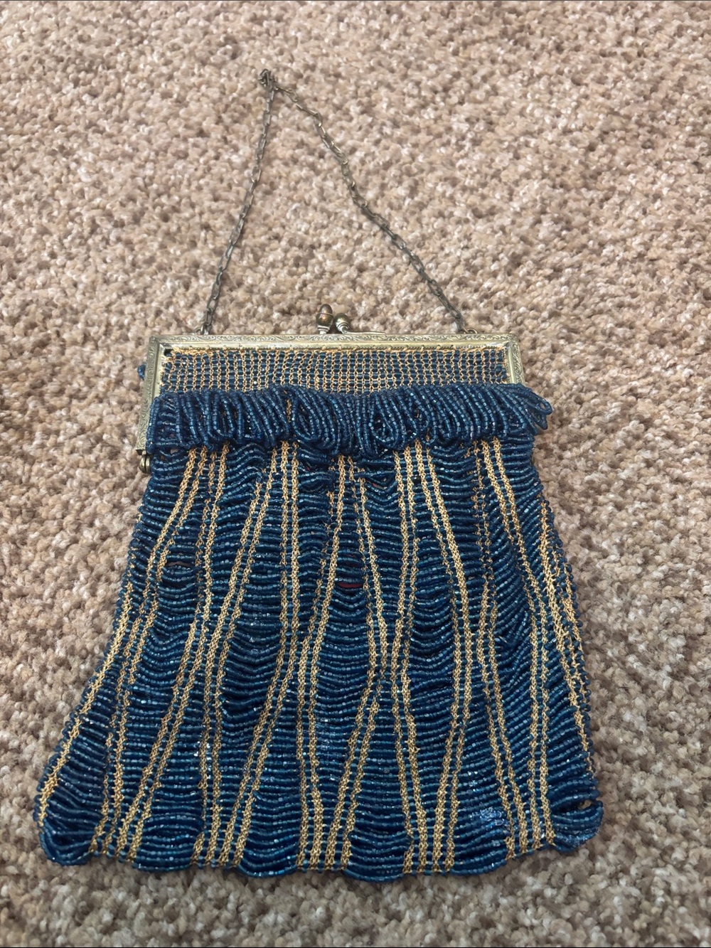 Vintage Navy and Gold Beaded Evening Bag
